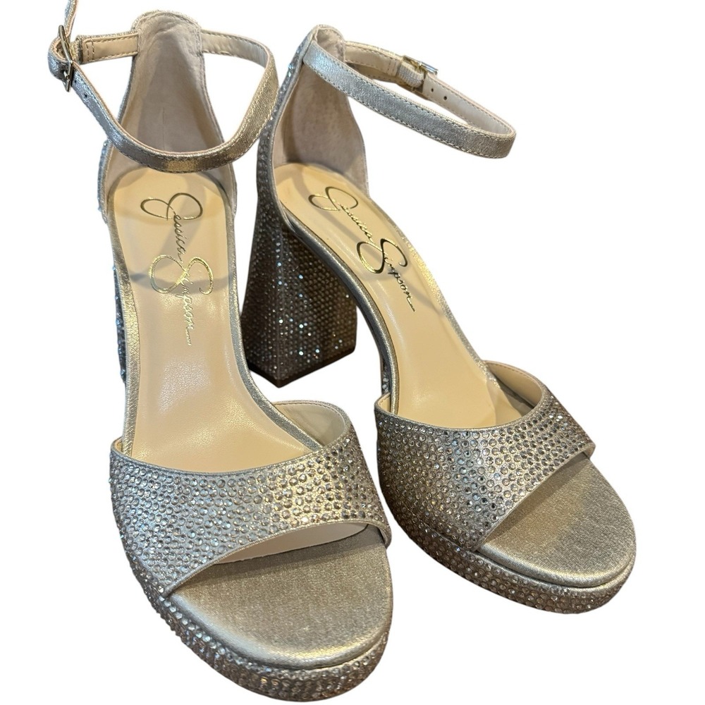 Jessica Simpson Kaliah Champagne Rhinestone Platform Block Heel Sandal 9.5 NWOB - Picture 9 of 9